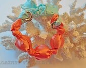Beaded bracelet, fabric bracelet, salmon satin, aqua ribbon, sterling silver