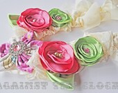 SALE Bib necklace, romantic accesory, fabric flowers, lace, vintage rhinestones