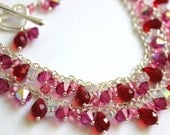 Pink Red Swarovski Necklace:Hand Wire Wrapped Double Strand Sterling Silver Swarovski Crystal Necklace