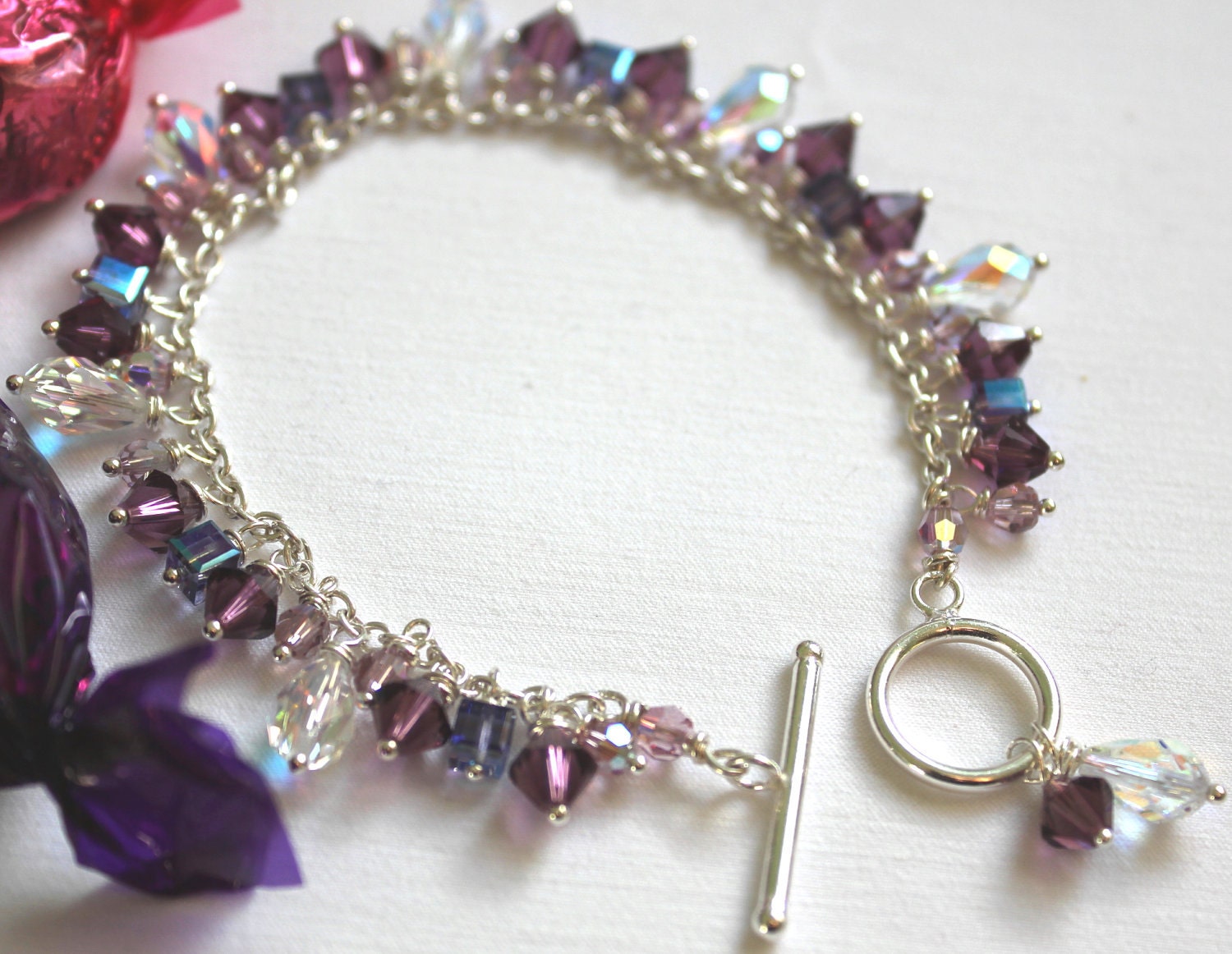 Purple Sparkling Swarovski Bracelet:i Candy Amethyst,Tanzanite Light amethyst and crystal teardrop bracelet