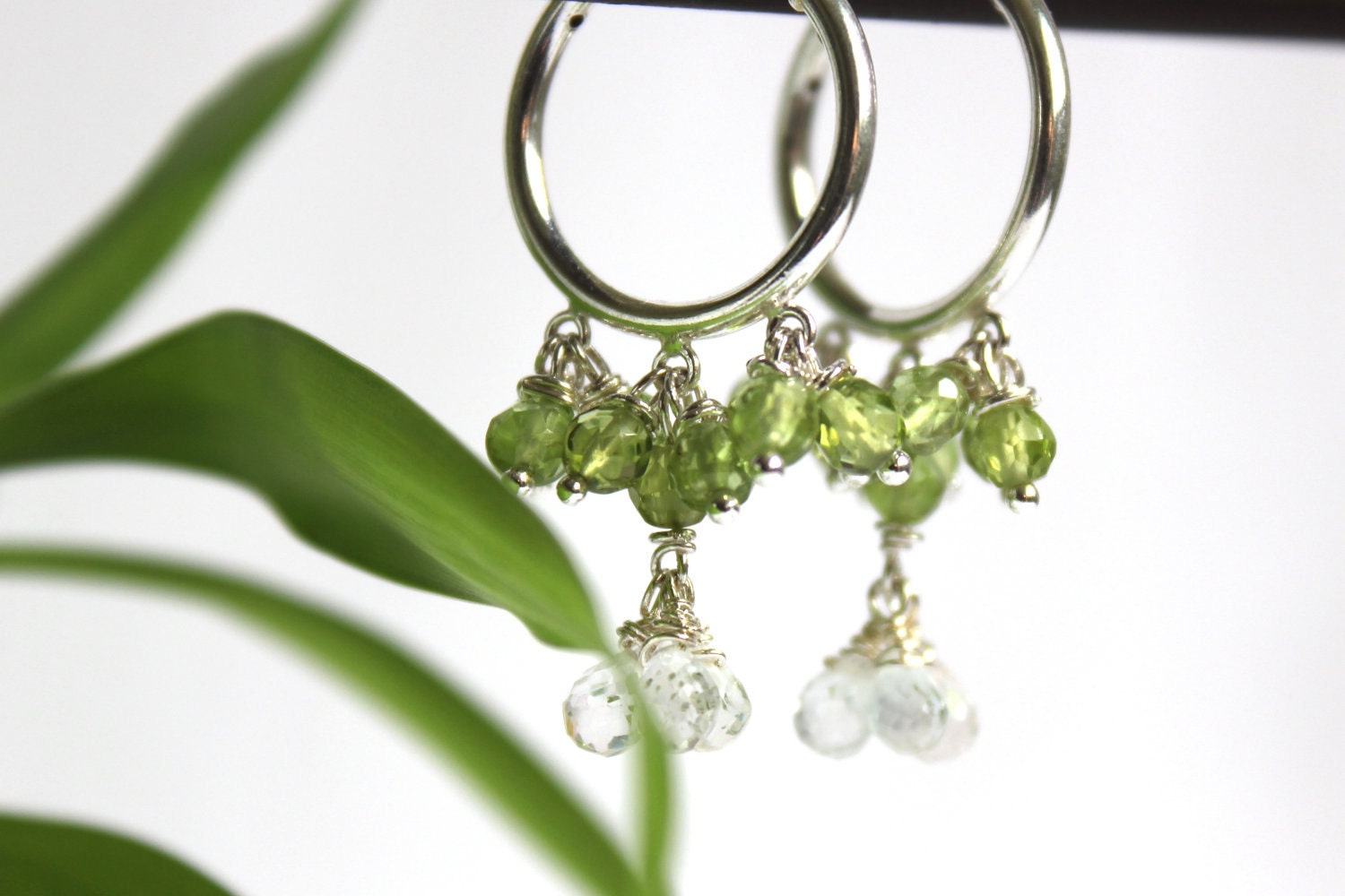 Gemstone Cluster Earring's:Cluster's Handwire Wrapped Sterling Silver Green Gemstone and Aquamarine Hoop's .Boho Chic.August Birthstone