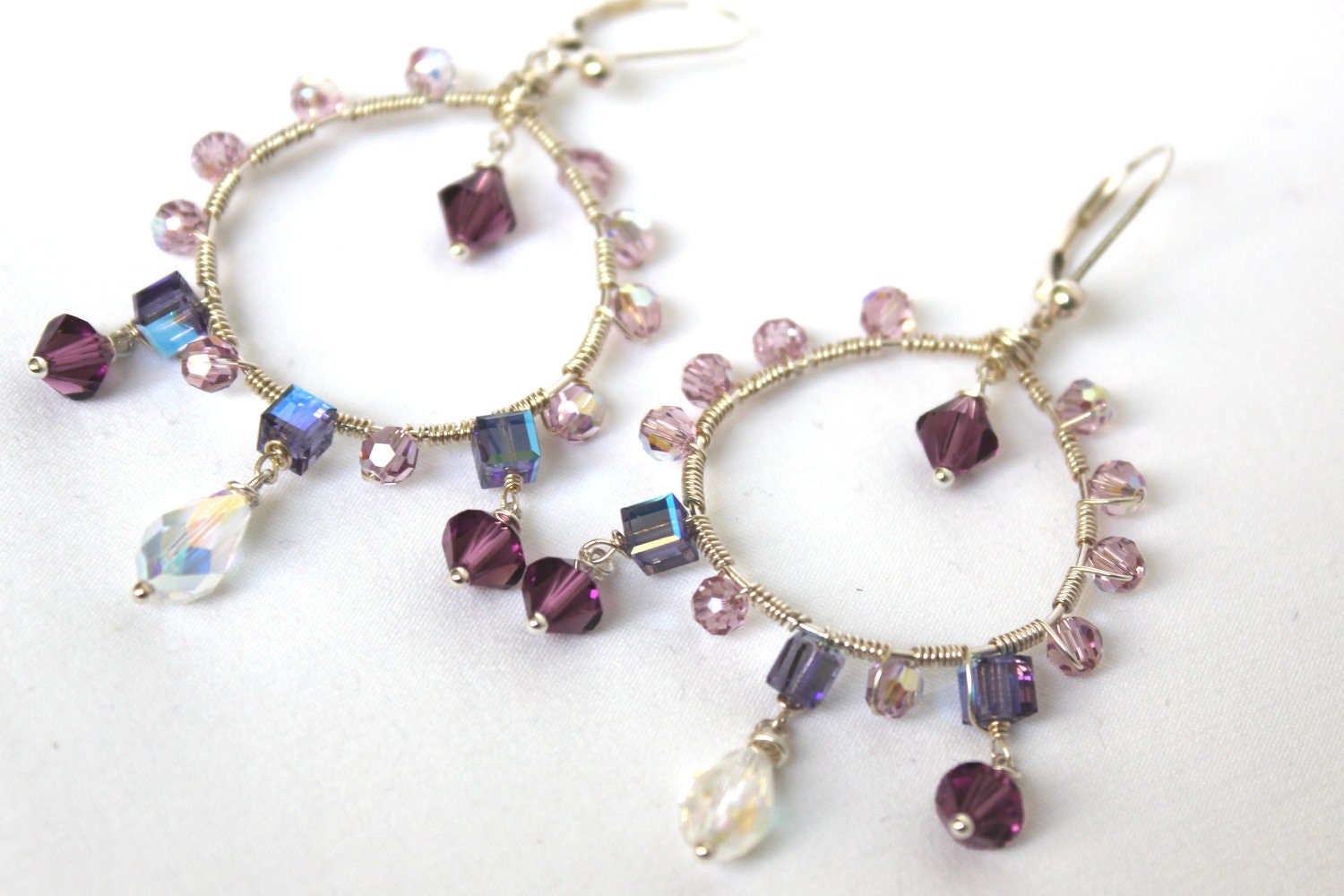 Purple beaded earring's:hand wire wrappped swarovski and sterling silver loop dangle earring'sSpring Fashion
