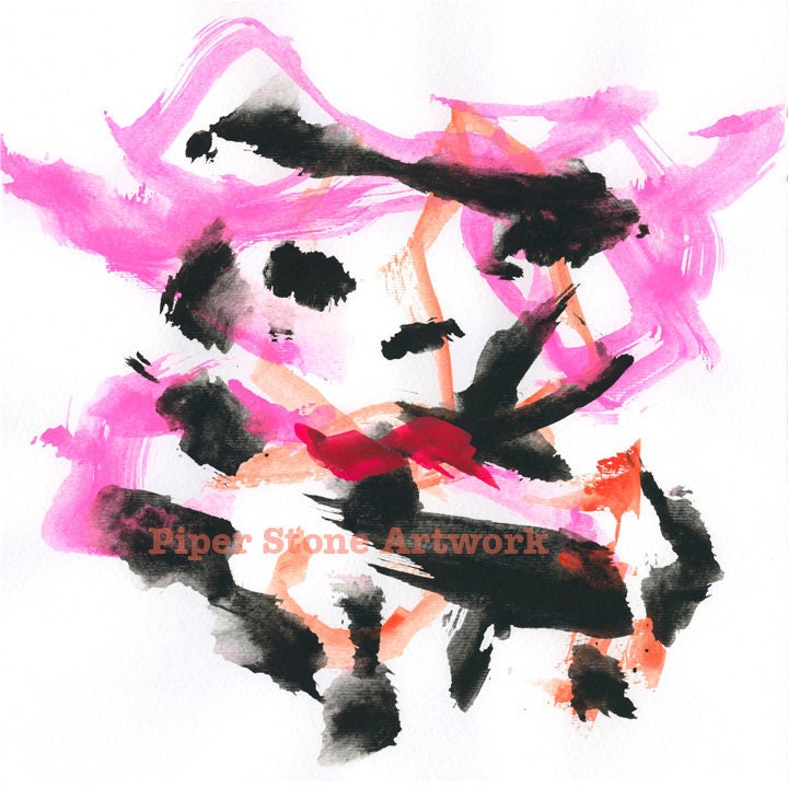 Hip Art Print - Modern Painting by Piper The Painting Bulldog - 8x8 - pink, black, red, orange