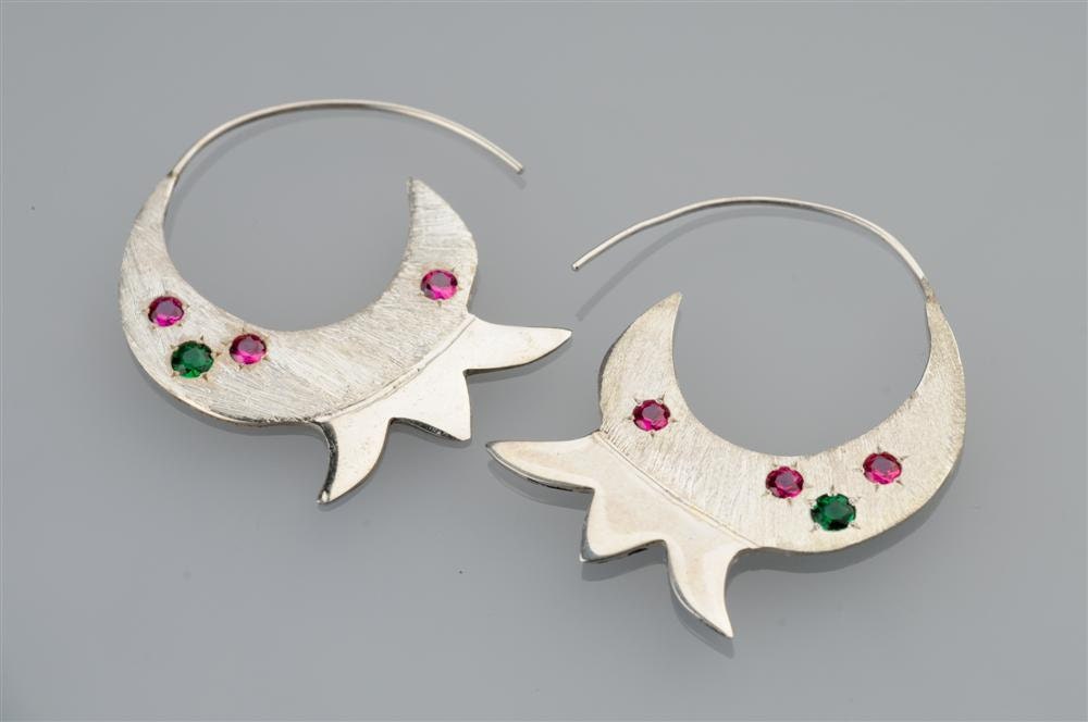 Silver Pomegranate Earrings set with red and Green Zircons - "Sparkling Pomegranates"