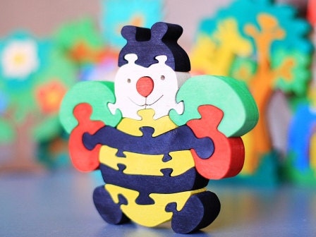 Colorful Wood/Wooden Puzzle BEE. Handmade kids toy. Wooden ecofriendly handmade toys for children. Ready to ship.