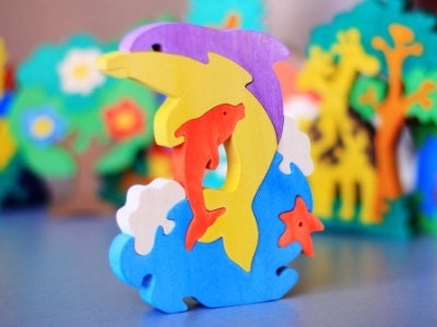 Wooden Puzzle Dolphins. Child's Puzzle, Kid's wood Toys. Wooden toys, wooden animal puzzle. eco-friendly handmade toys, children