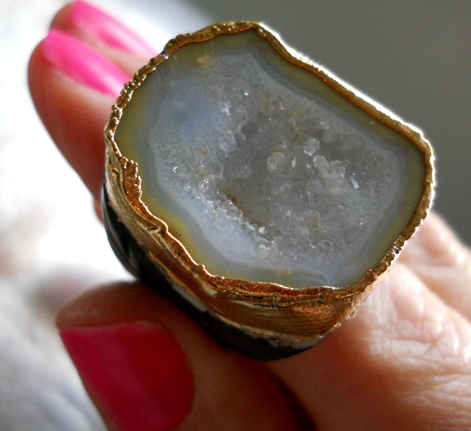 Buttercream druzy geode statement ring, 18k gold dipped