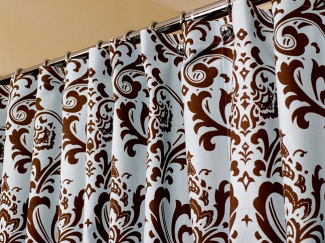 French Blue & Brown Shower Curtain in Damask Pattern sized 72" x 72" (curtain hooks sold separately)