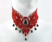Red Lace Choker Gothic Victorian Choker Necklace with Black Onyx Stone and Silver Setting - Glass Teardrop Beads - Goth Chocker Vampire