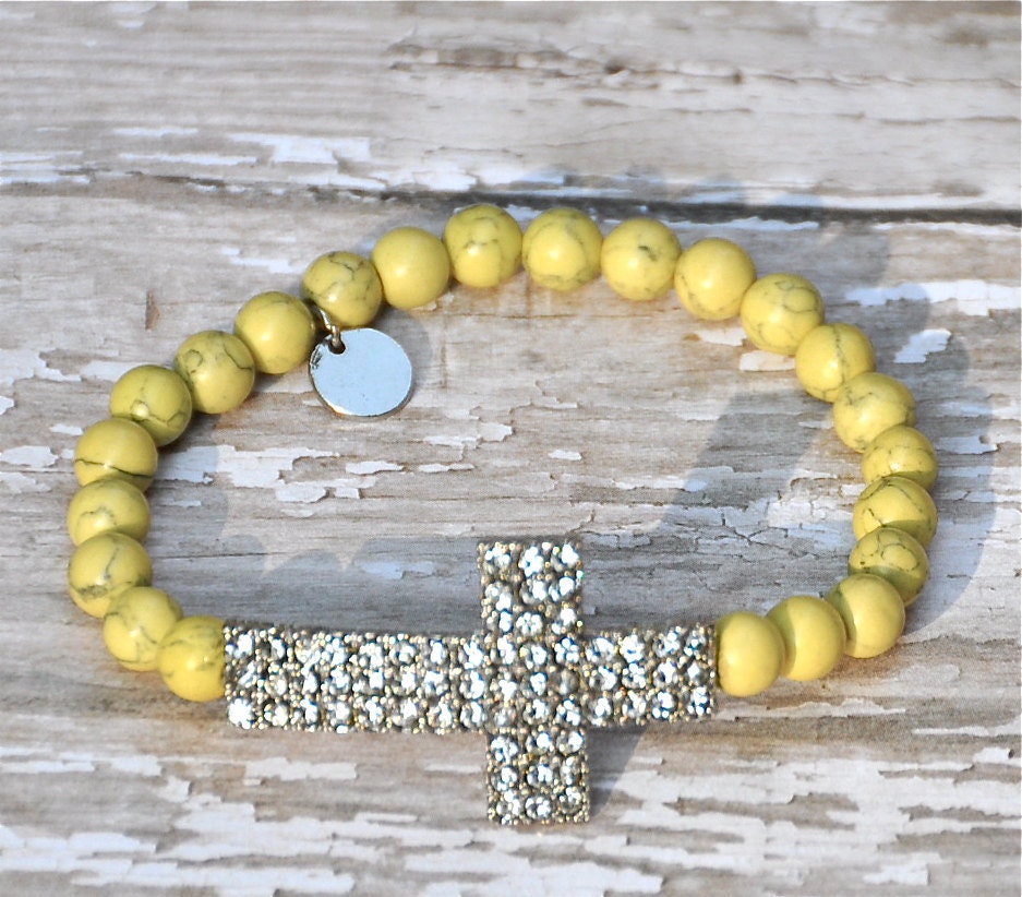 Yellow, Coral or Pink rhinestone sideways cross beaded bracelets