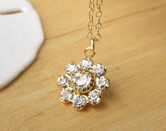 Clear Swarovski Crystal Flower Gold Necklace - petite dainty everyday wear, bridal jewelry, wedding jewelry