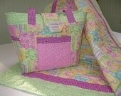 FREE EMBROIDERED INITIALS on one-- Handmade Baby quilt and large quilted diaper bag in pinks, greens, aqua, yellow