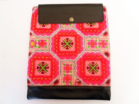 50% OFF iPad Sleeve, iPad Case in Ethnic Embroidered Hmong Fabric with Leather and Hemp