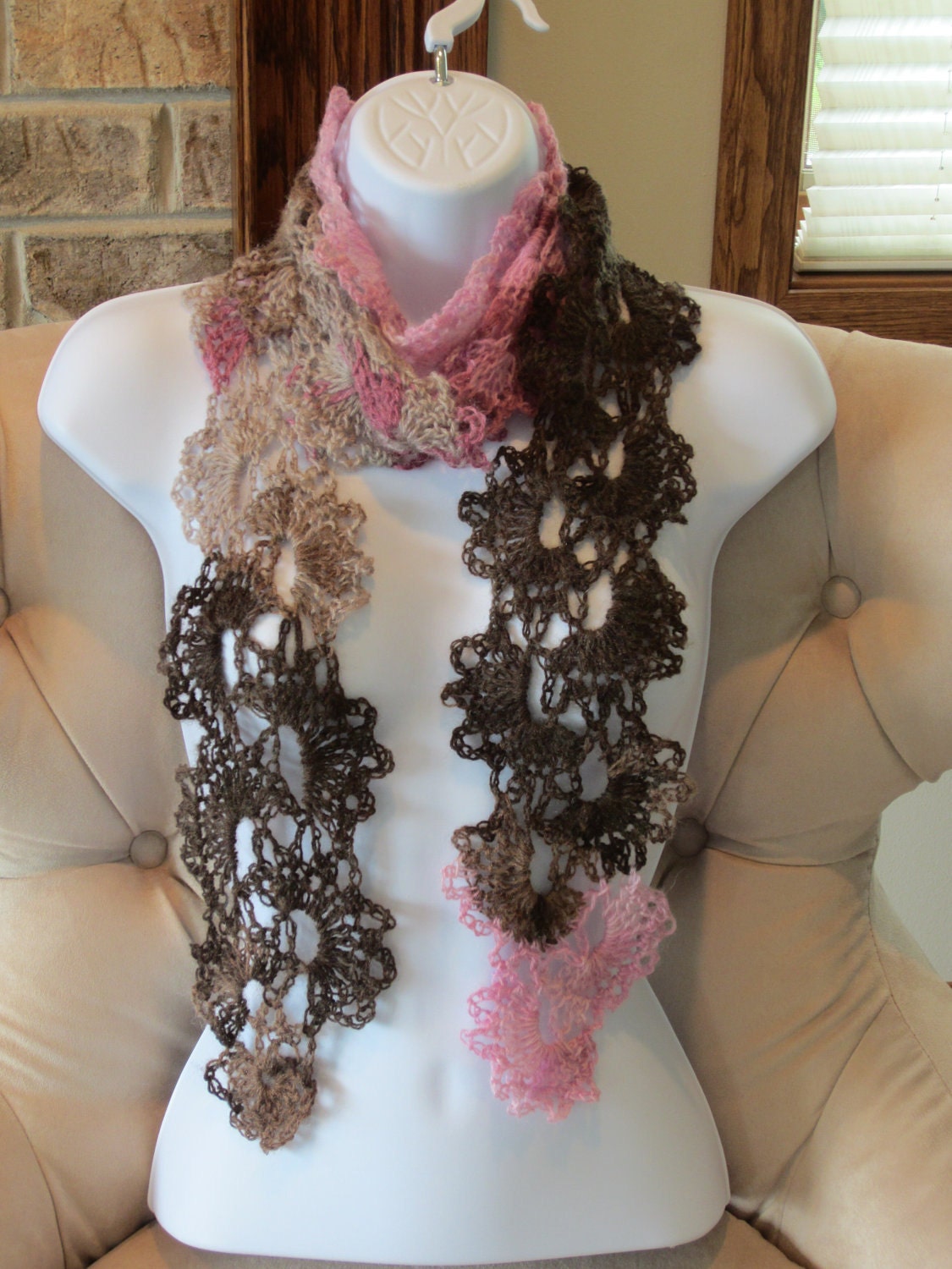 SCARF in brown, beige, pinks. Lovely Womens Scarf, Queen Anne Lace Style. Crochet all season scarf. Made to order.