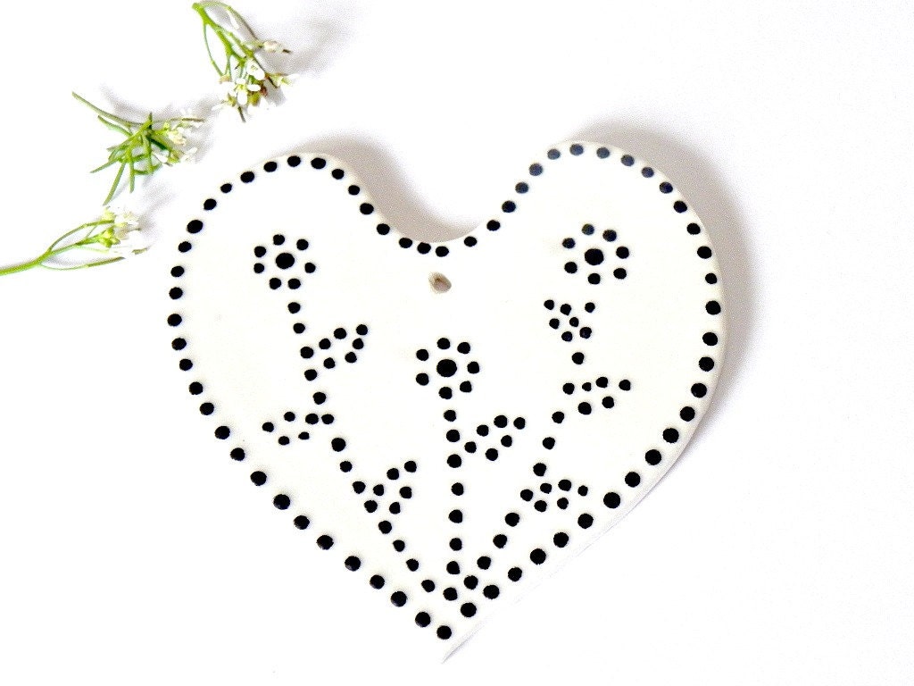 White Heart Ceramic Ornaments with Black Dots, Wedding Decoration Pottery