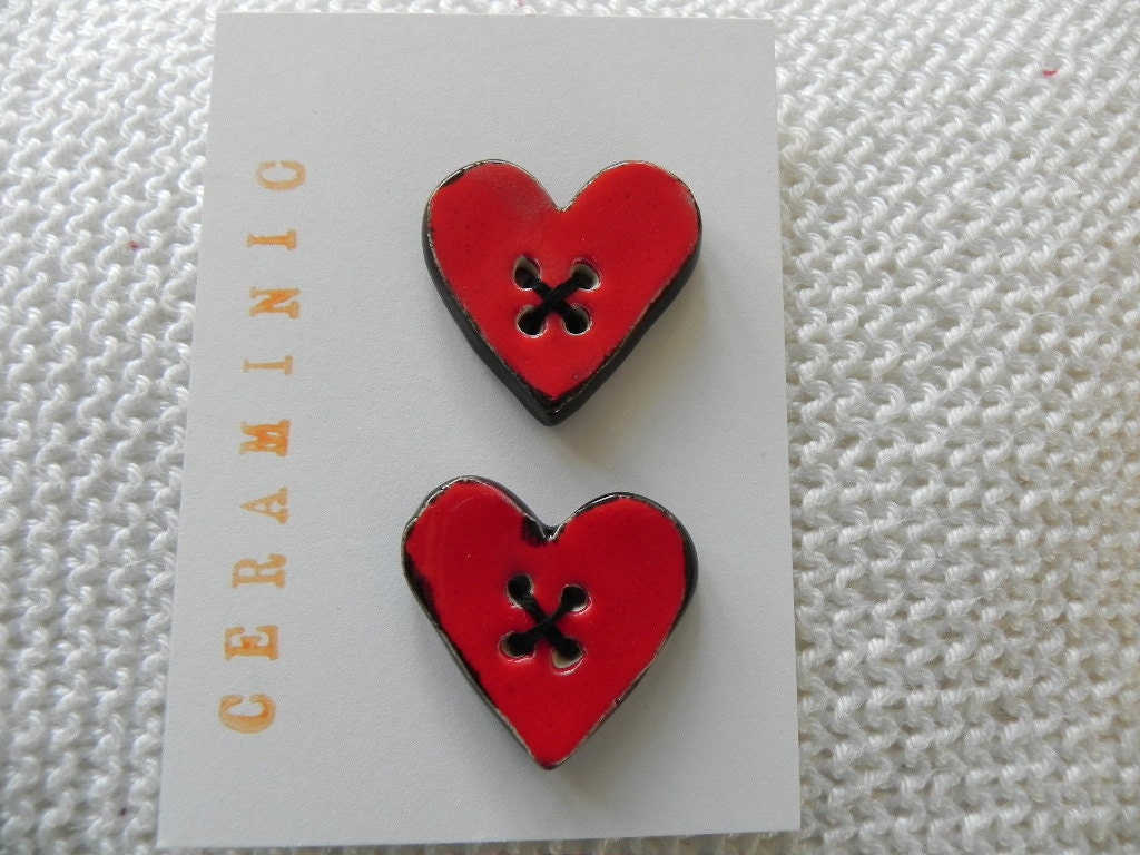 Ceramic Heart Buttons Red and Black Unique For Knitters Four Holes Set of 2