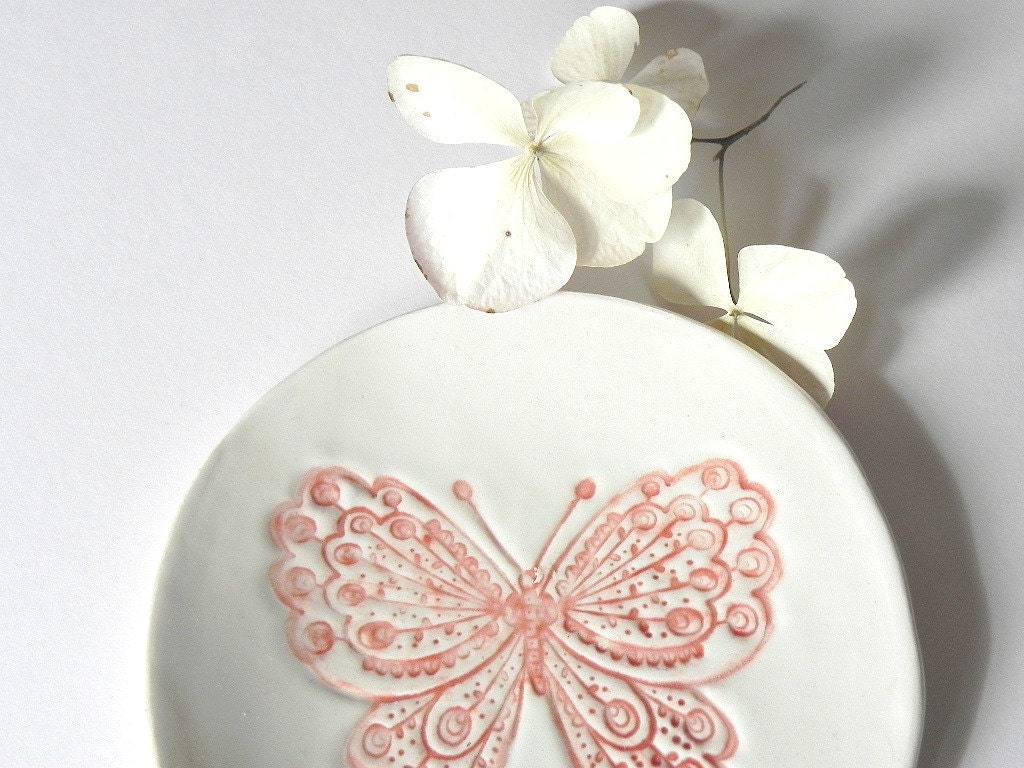 Rustic Butterfly Ceramic Plate, White Dish with Red Butterfly, Plate with Romantic Details