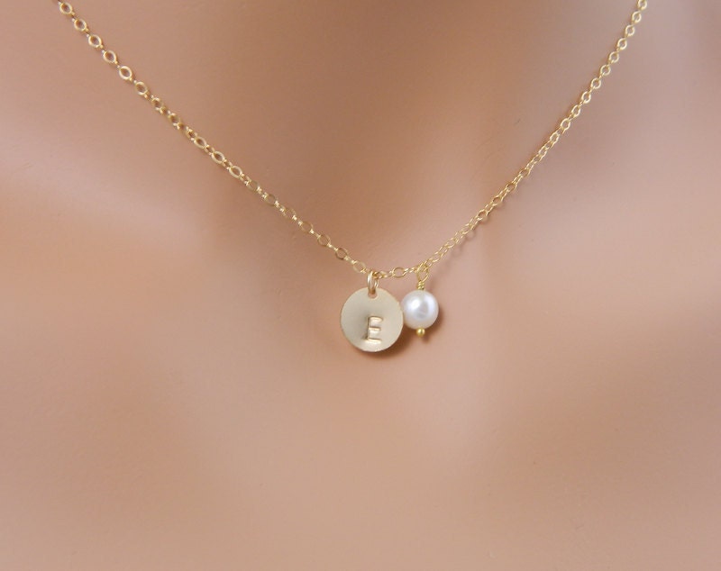 Initial Necklace, Flower Girl Necklace, pearl necklace, monogram jewelry, gold disc charm, children jewelry, Personalized, bridesmaid gift