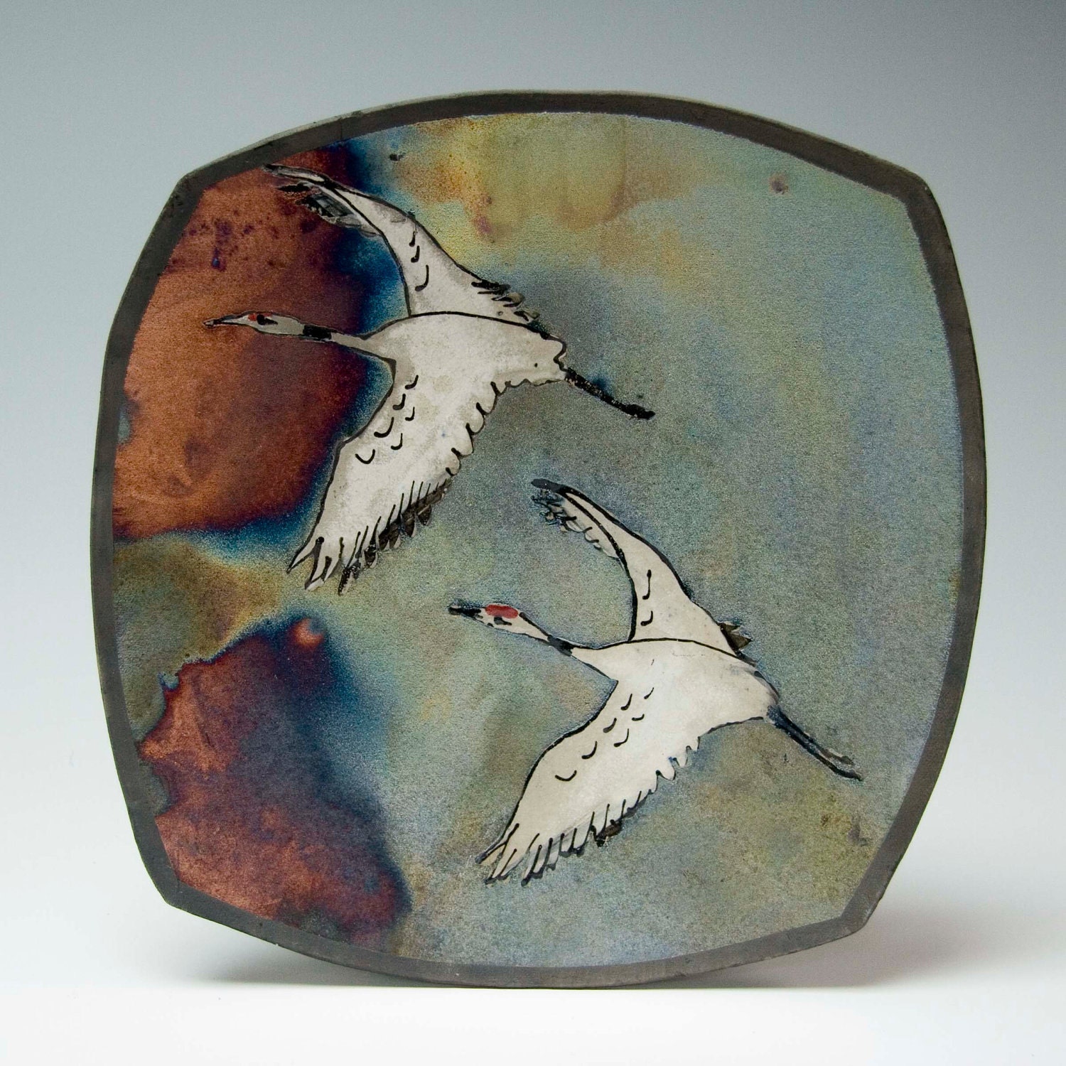Raku Red Crowned Crane and Moon