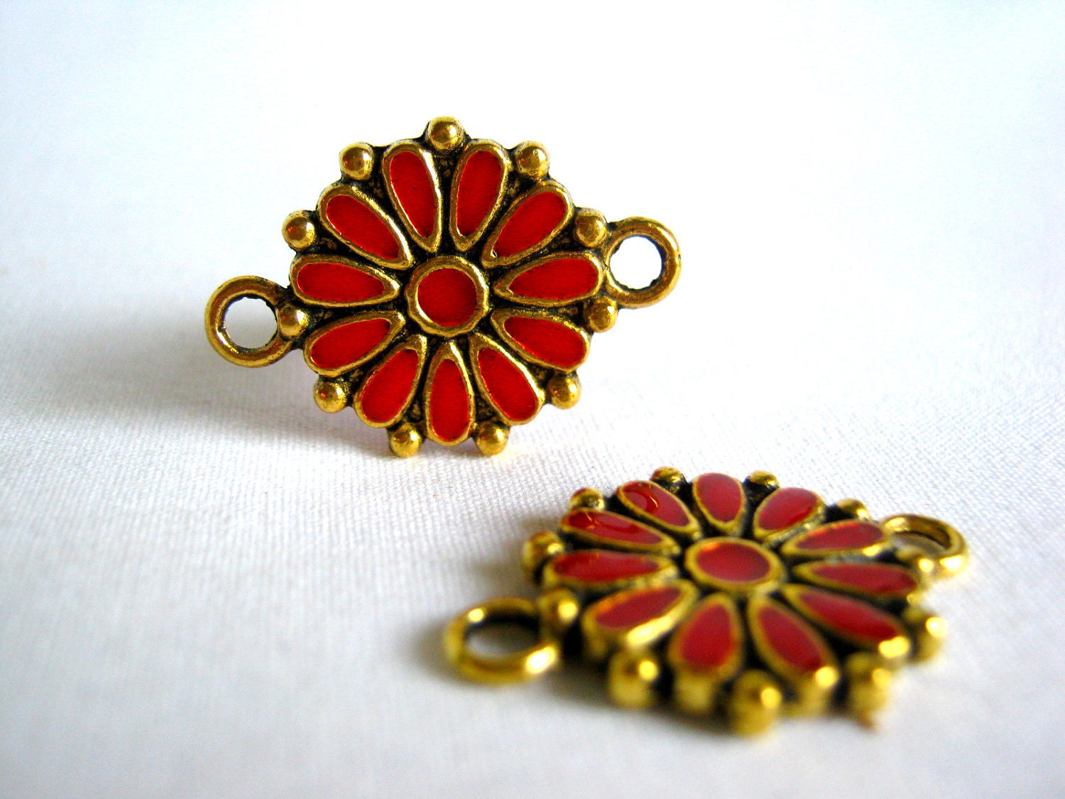 flower connector - gold tone with orange enamel 24mm (2)