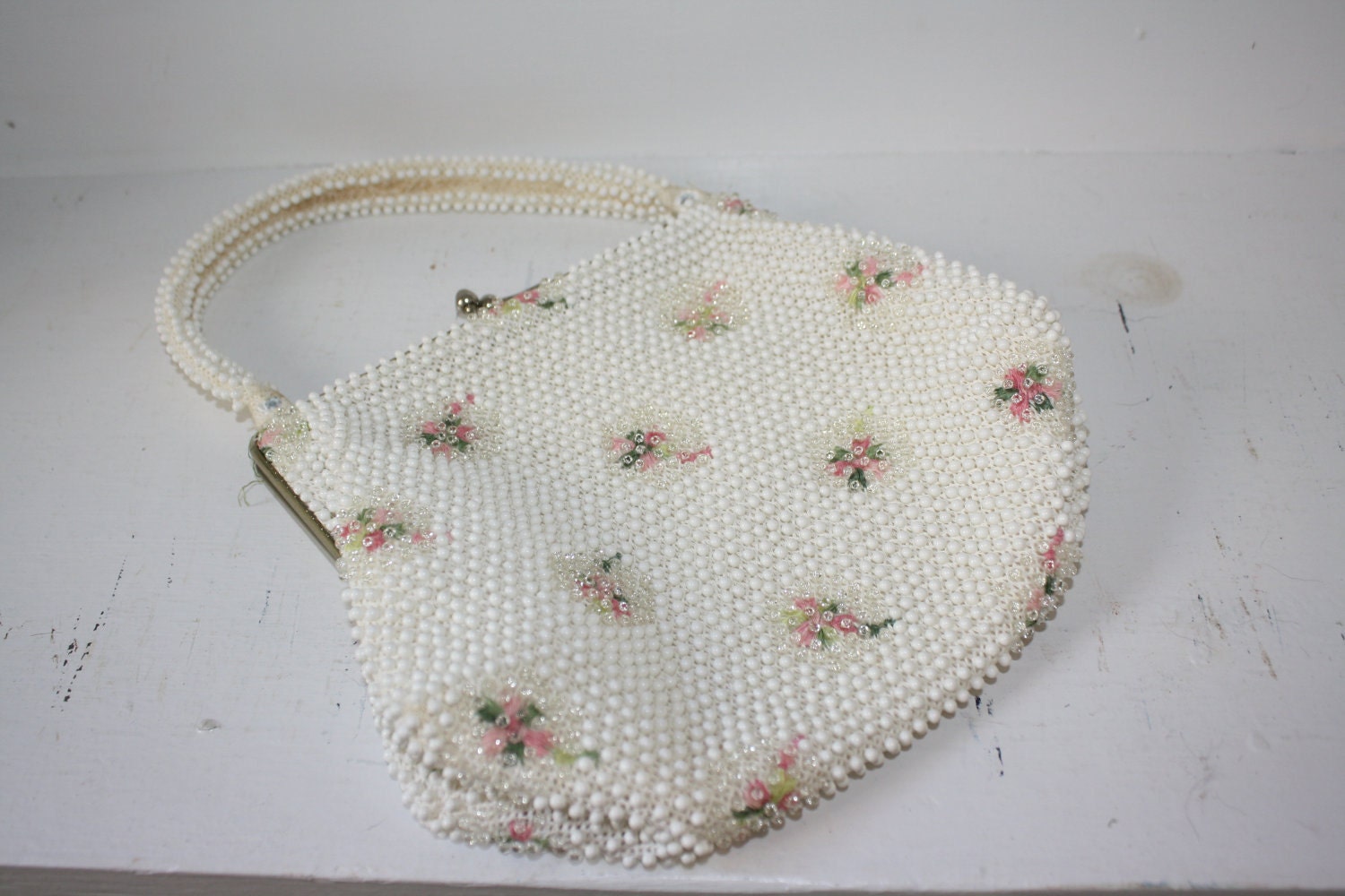 Lovely Ivory & Pink Embroidered Beaded Purse