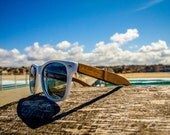 Handmade wood wooden wayfarer style sunglasses. Made with Eco-friendly Bamboo. Malibu White