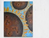 Sunflower 11x14 Painting with Burlap and Button Texture - Brown, Yellow and Sky Blue - Whimsical Floral Painting Mixed Media Collage Art