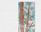 Winter Oak Tree Painting - Aqua, White & Brown Whimsical Mixed Media Collage Art - New-Fallen Snow with Wind