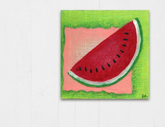 Mixed Media Collage, Kitchen Wall Art, Watermelon Fruit Art, Food Art, Mixed Media Painting, Original Mixed Media Art, Country Home Decor