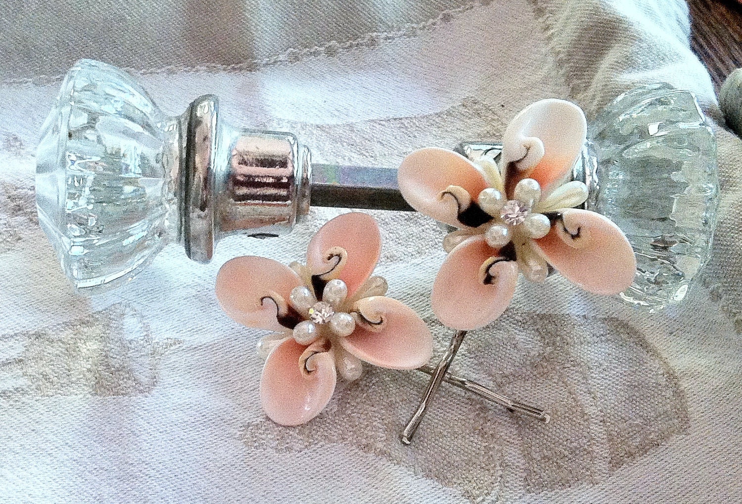 RESERVED Beach Vacation Seashell Pearl Bobby Pins, Unique Artisan Recycled