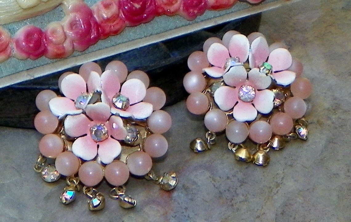 Vintage Pink Spring 40's Rhinestone Earrings, Artisan Upcycled