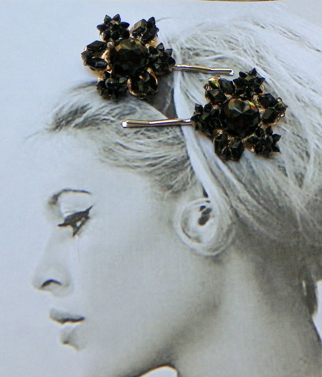 Victorian Black Bridal Flower Vintage Hair Pins, Steampunk Goth