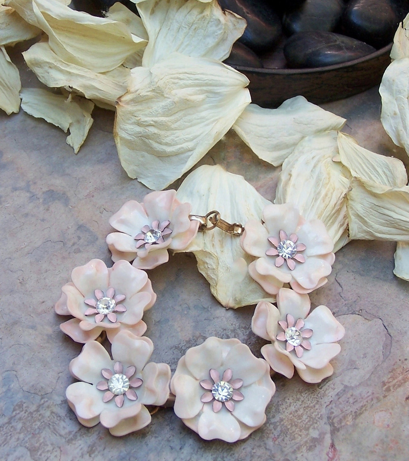 Mad Men Pink Flower Enamel Plastic Bracelet,  Vintage Summer Blossoms