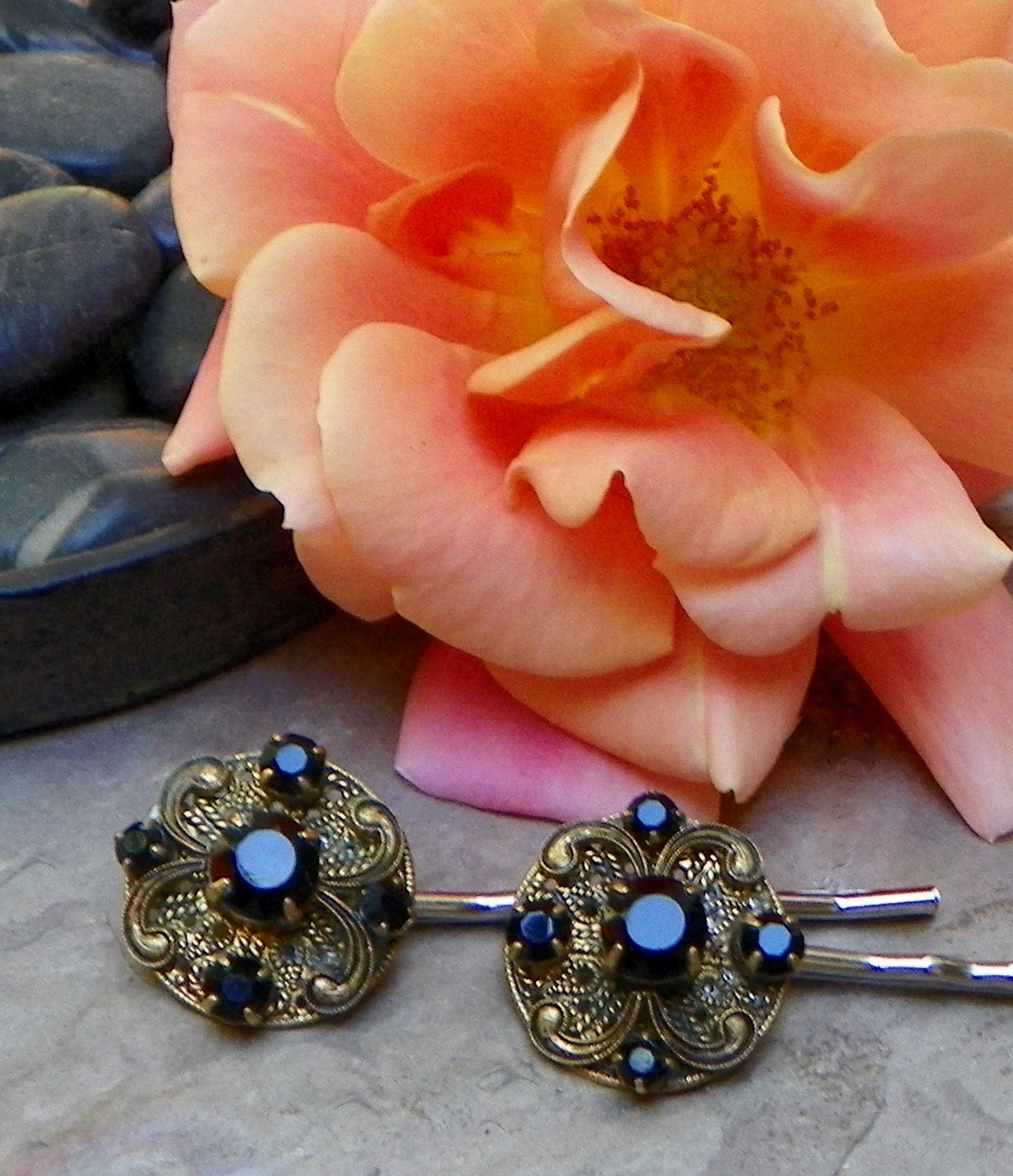 Decorative 30's Black Czech W West Germany Filigree Bobby Pins, Vintage Recycled