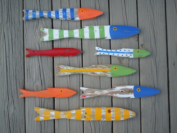 School of 8 Hand Painted Picket FISH Art Reclaimed Wood Beach Cottage Cabin Decor