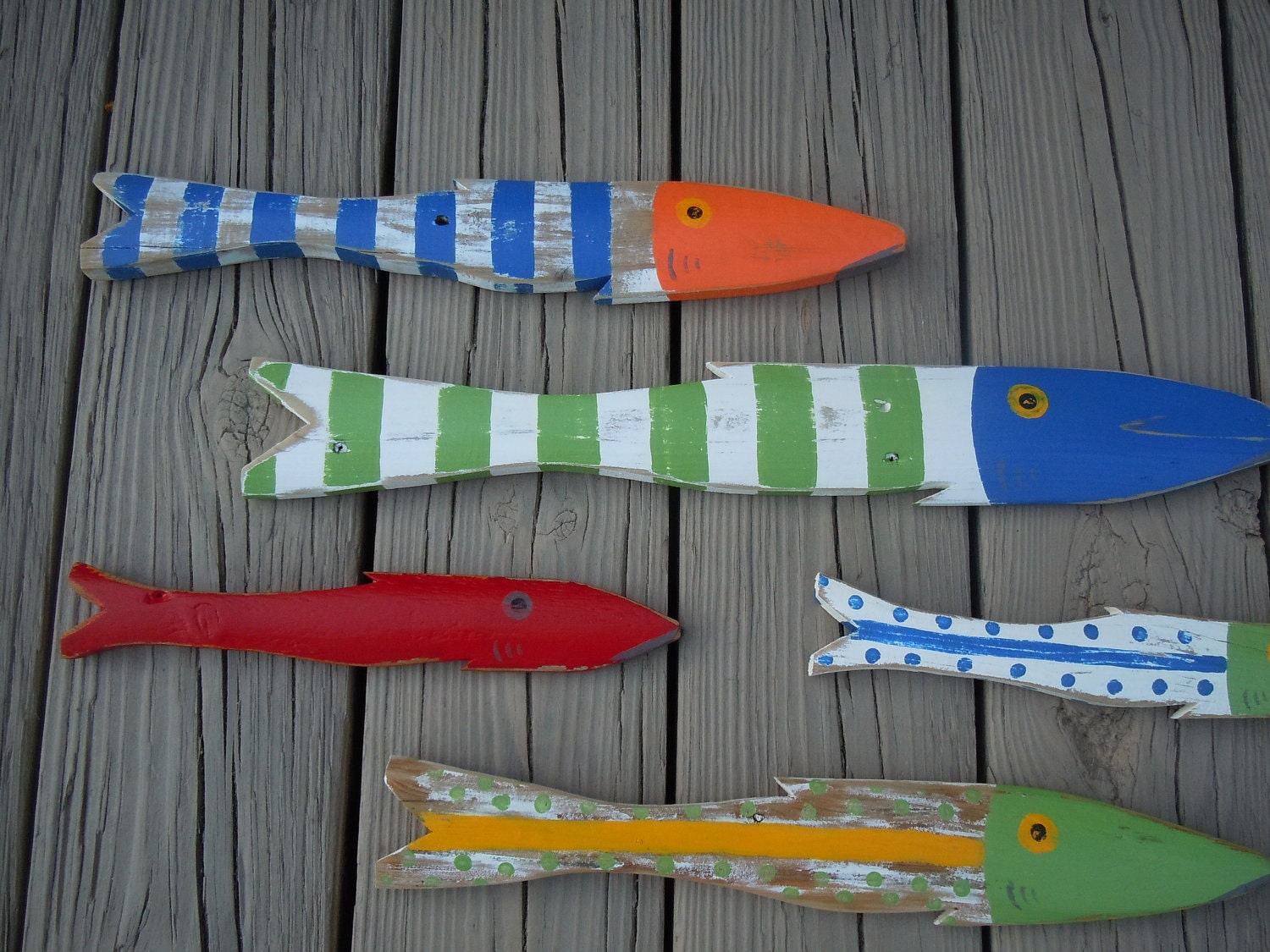 School of 8 Hand Painted Picket FISH Art Reclaimed Wood Beach Cottage Cabin Decor