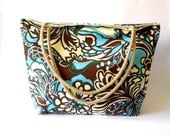 Beach bag Tote. Turquoise, Brown. Cream. Natural Rope handles