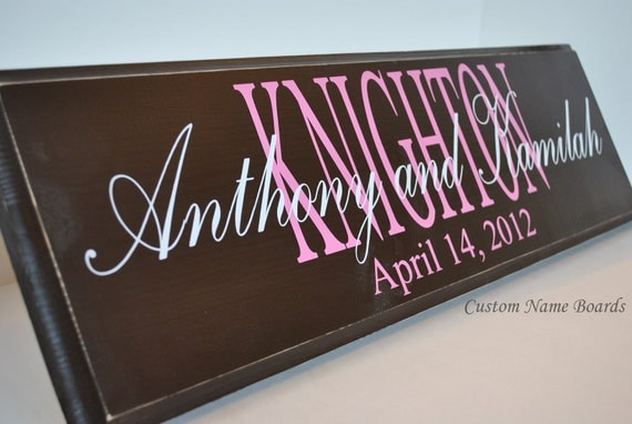 Custom Name Board Wedding Gift Chocolate Brown/Pink/White - Last Name, First Names and Date of Wedding