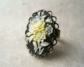Vintage Cameo Ring, Adjustable Ring, Antique Brass Ring, Ivory Rose Cameo, Black Cameo, Large Cocktail Ring, Resin Jewelry