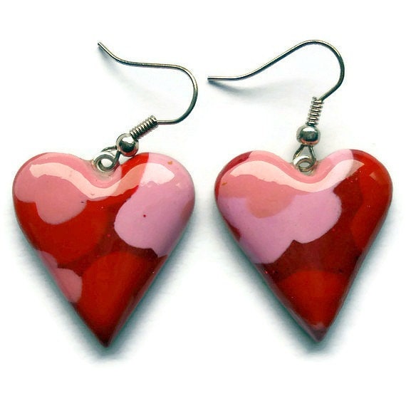 Heart Earrings Dangles- Red and Pink