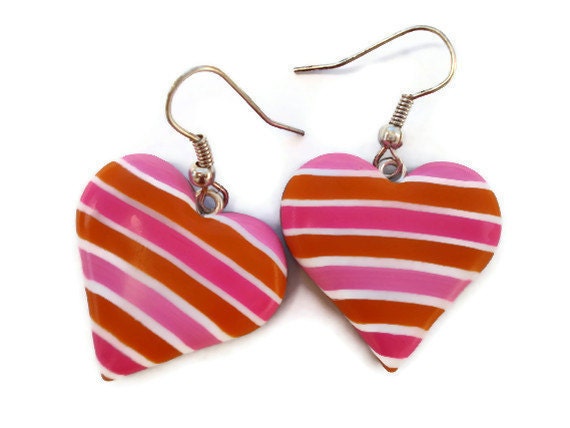 Heart shaped drop earrings - Pink and Orange Candy Stripes