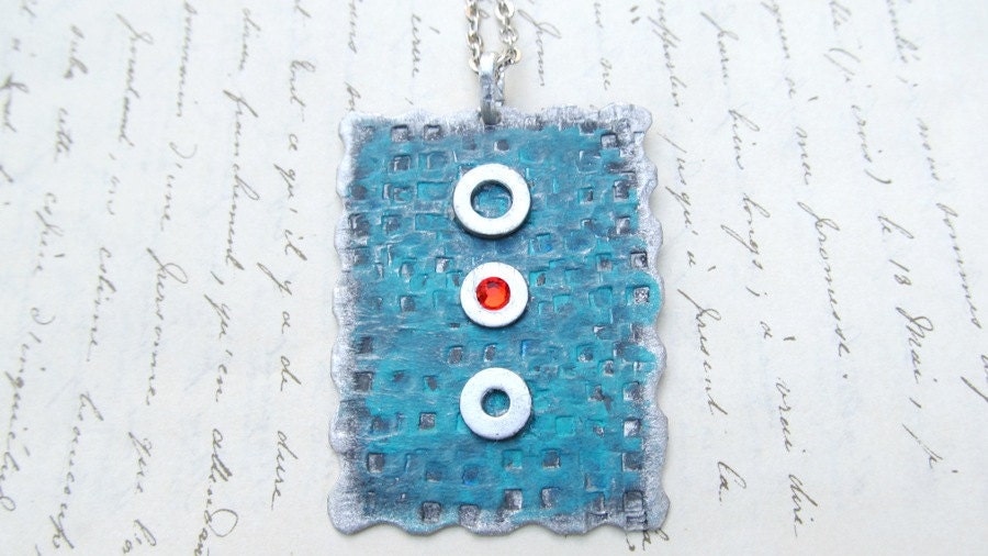 Abstract Pendant, Blue Pendant, Burnt Orange Swarovski Crystal, Three Silver Circles, Art Jewelry, Metalwork, Geekery, Blue Patina