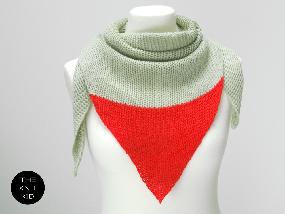 pastel green neon bright  red triangle scarf merino theknitkid
