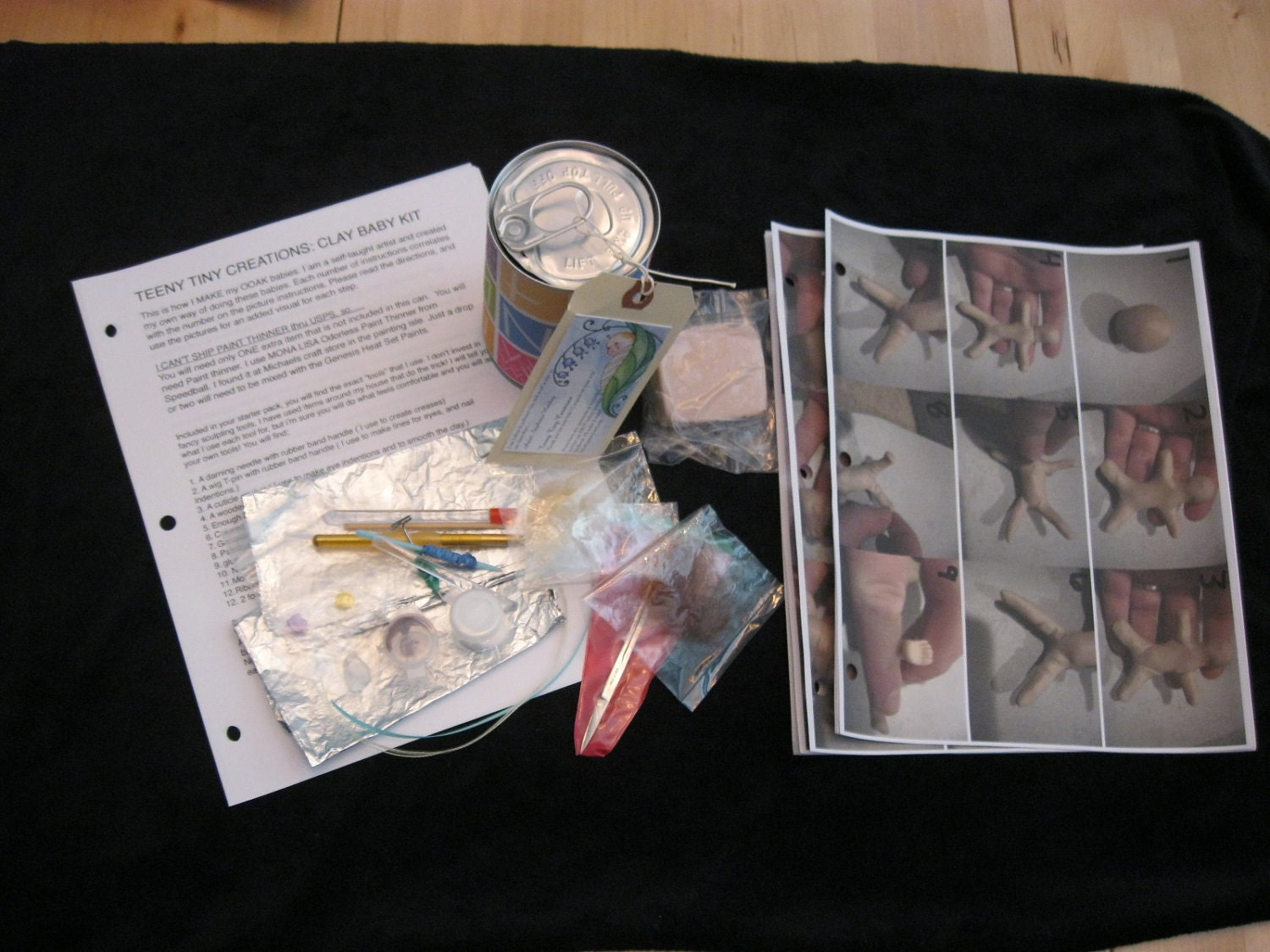 OOAK clay baby kit in a can. Tutorial with 50 colored pictures on how to sculpt a clay baby. Prosculpt, tools, mohair, GHS paints INCLUDED