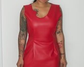 Red Faux Leather Dress with asymmetrical neck and hem lime