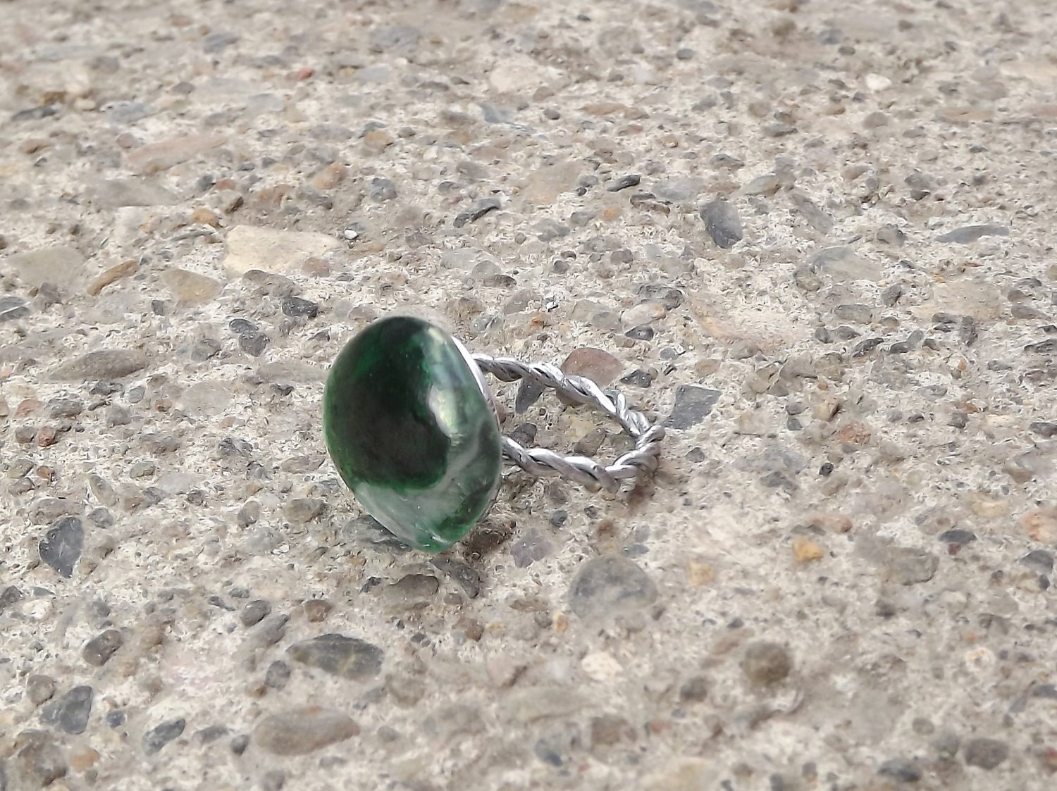 Green adjustable wire wrapped fused glass ring