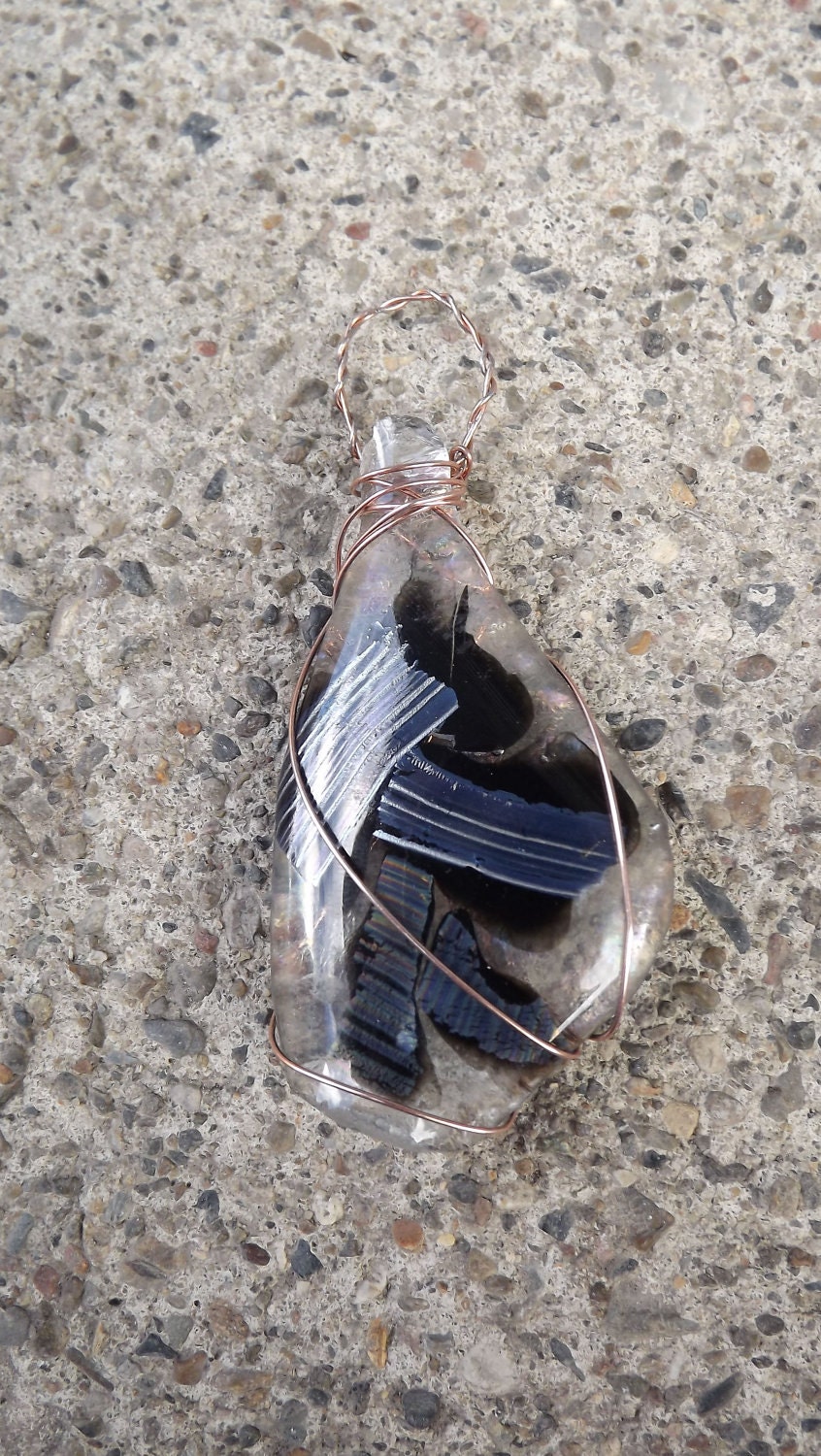 Clearance item Large fused glass wire wrapped pendant