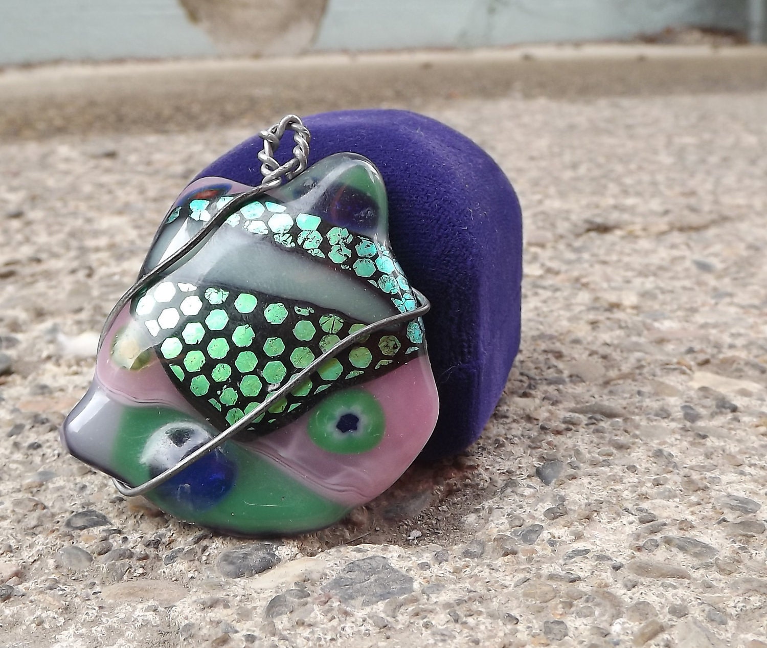 Clearance item large fused glass wire wrapped pendant