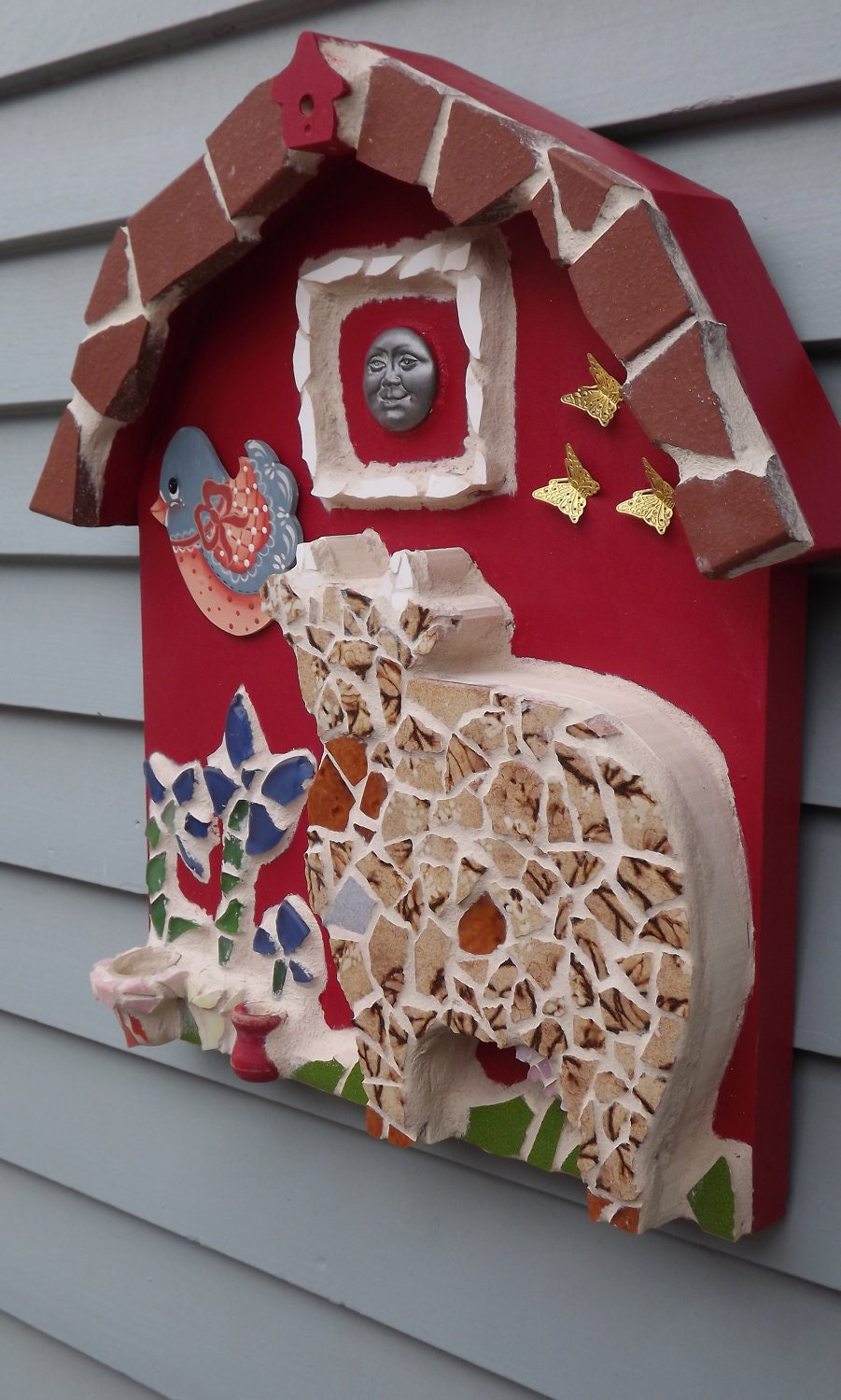 Mosaic 3 D Barn cow bird flowers butterfly moon