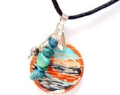 hand painted wooden pendant orange turquoise black distressed
